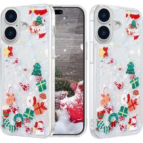Glitter Christmas Case for iPhone 16 Pro,Cute Merry Christmas Liquid Flowing Moving Xmas Santa Tree Snowman Bling Sparkle Clear Shockproof Women Girls Phone Case for iPhone 16 Pro 6.3",Clear
