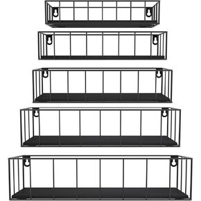 CRUGLA Floating Shelves Wall Mounted Set of 5, Hanging Storage Wall Shelf with Rail for Bathroom, Bedroom, Living Room, Kitchen
