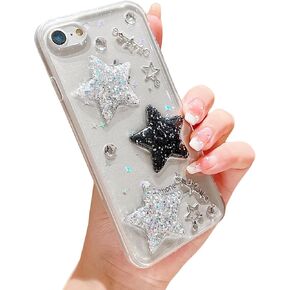 Compatible with iPhone 7 Case,iPhone 8 Case,iPhone SE 2020/SE 2022 Case for Women Girls,Cute Glitter 3D Stars Crystal Pearl Bling Clear Case Sparkle Sparkly Slim Soft TPU Protective Cover