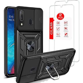 for Samsung Galaxy A20/Galaxy A30/Galaxy A50 Case with [2 Pack] Tempered Glass Screen Protector, [Military-Grade] Protective，with Lens Protects Magnetic Kickstand Car Mount Holder Case (Black)