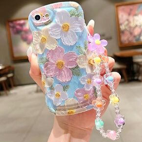 for iPhone SE Case 2022/2020 iPhone 8/7 Curly Wavy Case, Cute Colorful Retro Oil Painting Flower Glossy Pattern [with Bead Chain], Slim Fit Shockproof Protective Cover for Girls Women (Purple)