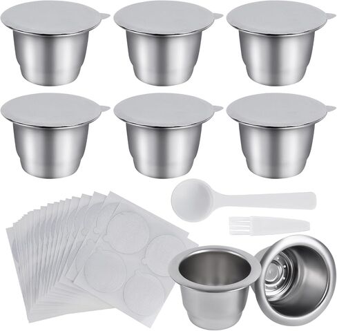 Reusable Capsules for Nespresso OriginalLine - 6pcs Espresso Refillable Pods Stainless Steel Coffee Pods Compatible for Nespresso Originaline Machine(6 Pods+200pcs Lids) in Saudi Arabia