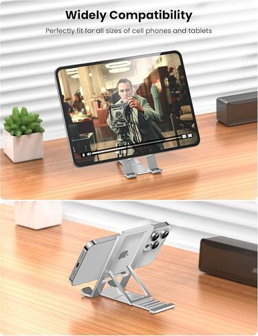 حامل الهاتف الخليوي لجهاز iPad iPhone 15 Pro Max، مسند سفر قابل للطي بالكامل متعدد الزوايا وقابل للتعديل من سبائك الألومنيوم المعدنية المحمولة وحامل سميك مناسب لهاتف iPhone 14 Plus 13 Mini 12 S22 S21 in Kuwait