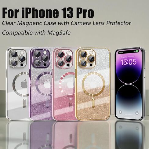 Misscase Compatible with iPhone 13 Pro Magnetic Glitter Case with Camera Lens Protector Full Protection Case Compatible with MagSafe Elegant Anti-Scratch Case Cover for iPhone 13 Pro Gold in Saudi Arabia
