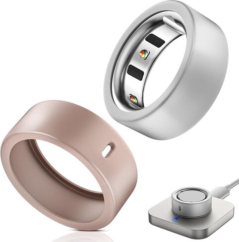 غطاء حلقي مكون من قطعتين متوافق مع Oura Ring 4/ Oura Ring Gen3/Samsung Galaxy Ring، جراب ناعم مضاد للخدش من السيليكون لحماية حلقة Oura للنساء والرجال (فضي + ذهبي وردي، M لـ 8/9/10/11) in Kuwait