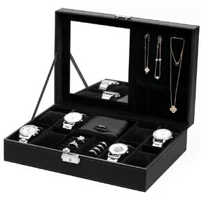 BASTUO Watch Box for Men, 24 Slots Luxury Watch Case Display Organizer, Jewelry Box with Carbon Fiber Design, Men's Storage Holder Boxes with Glass Top & Leather Pillows, Black