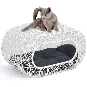Fun Stackable White Cat Condo for Indoor Cats - Interactive Play Rattan Modern Cat House for Indoor Cats Kitty, Pet Friendly Top/Side House Entry, Cat Bed Enclosed