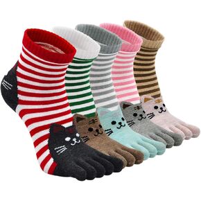 Women's Toe Sock Cute Striped Cotton Five Finger Ankle Sock Athletic Running Toe Socks for Girls (4/5 Pairs)