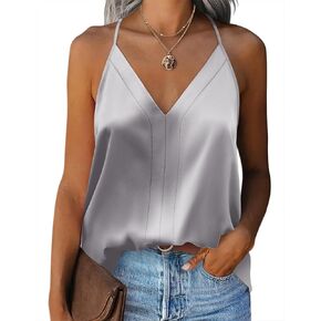 Zeagoo Womens Silk Satin Tank Tops V Neck Sleeveless Camisole Cami Spaghetti Straps Blouse Summer Loose Racerback Shirt