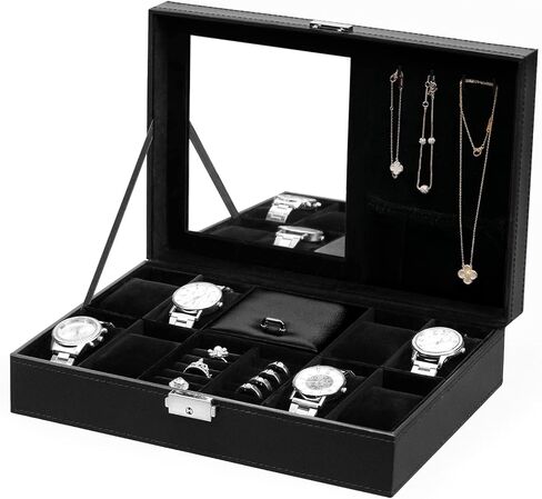 صندوق ساعة BASTUO للرجال، منظم عرض علبة ساعة فاخرة مكون من 24 فتحة، صندوق مجوهرات بتصميم من ألياف الكربون، صناديق حامل تخزين للرجال مع سطح زجاجي ووسائد جلدية، أسود in Kuwait