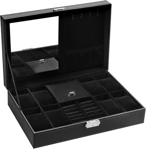 صندوق ساعة BASTUO للرجال، منظم عرض علبة ساعة فاخرة مكون من 24 فتحة، صندوق مجوهرات بتصميم من ألياف الكربون، صناديق حامل تخزين للرجال مع سطح زجاجي ووسائد جلدية، أسود in Kuwait