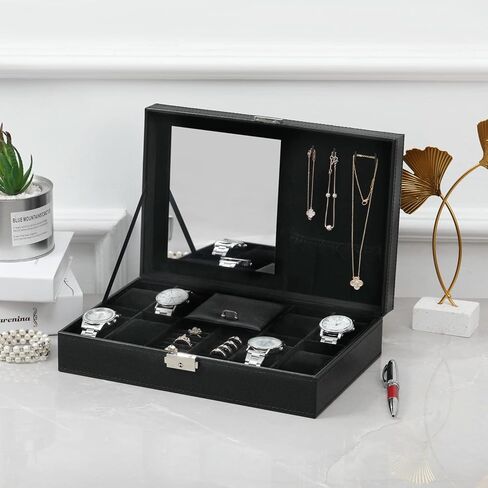 صندوق ساعة BASTUO للرجال، منظم عرض علبة ساعة فاخرة مكون من 24 فتحة، صندوق مجوهرات بتصميم من ألياف الكربون، صناديق حامل تخزين للرجال مع سطح زجاجي ووسائد جلدية، أسود in Kuwait
