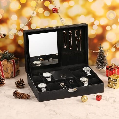 صندوق ساعة BASTUO للرجال، منظم عرض علبة ساعة فاخرة مكون من 24 فتحة، صندوق مجوهرات بتصميم من ألياف الكربون، صناديق حامل تخزين للرجال مع سطح زجاجي ووسائد جلدية، أسود in Kuwait