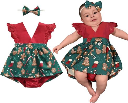 طقم ملابس عيد الميلاد للفتيات الصغيرات من AGQT فستان رومبير قطعة واحدة بدون ظهر مقاس 0-36 شهرًا in Kuwait