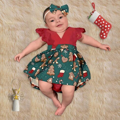 طقم ملابس عيد الميلاد للفتيات الصغيرات من AGQT فستان رومبير قطعة واحدة بدون ظهر مقاس 0-36 شهرًا in Kuwait