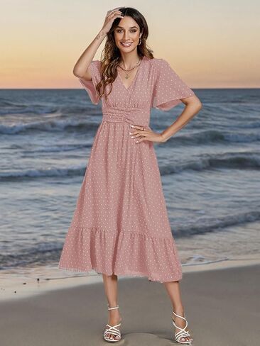 LYANER Women Boho Maxi Dress Long Sleeve V Neck Swiss Dot High Waited A-Line Ruffle Tiered Chiffon Long Dresses in Kuwait
