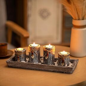 Farmhouse Coffee Table Decor Candle Holder - Romadedi Boho Wooden Tray with 4 Tealight Candles Holders for Tables Centerpiece Home Decorations Living Room Fireplace Kitchen
