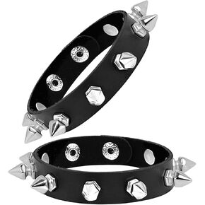 Manfnee 2Pack Punk Goth Bracelet for Man Women Leather Spike Rivet Metal Studded Wristbang Black