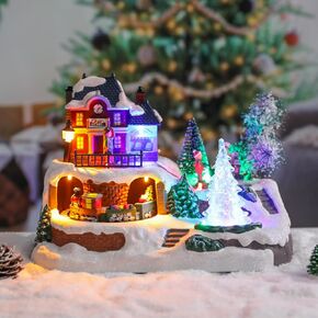 WONDER GARDEN Christmas Village House-Christmas Houses Village - Colorful Musical Collectible Buildings with Elks Pulls Santa in Sleigh Through The Air and LED Lights for Home Decor or Gift