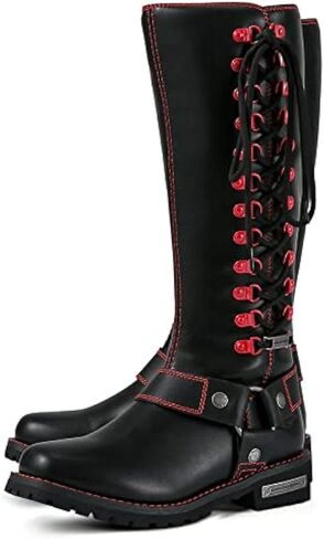 Motorcycle Boots for Women with Full Size Zipper & Lace Details, Black Motorcycle Riding Boots for Ladies with Heel, Classic Harness Design, Mid Calf in Saudi Arabia