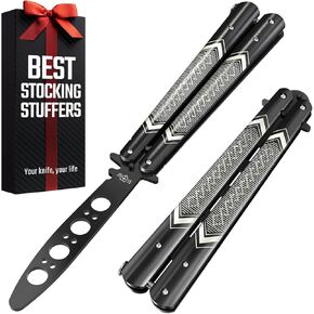 GOOD WORKER Butterfly Trainer - Practice Balisong Butterfly Knives NOT Real NOT Sharp Blade - Cool Design - Black Dull Trick Butterfly - Butter Fly Training K14B