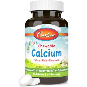 Carlson - Kid's Chewable Calcium, 250 mg, Highly Absorbable, Bone & Teeth Support, Optimal Wellness, Natural Vanilla Flavor, 120 Tablets