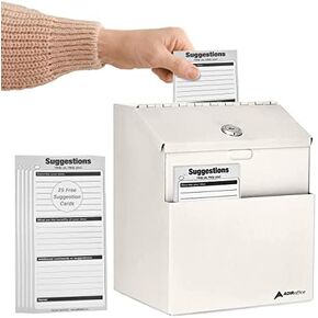Adir Donation Ballot Box with Lock For fundraising with 25 Free Suggestion Cards and Label Stickers - Wall Mounted Metal Suggestion Box Locking voting Box with Slot (Black)