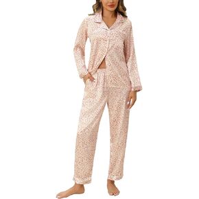 Anjue Silk Satin Pajamas Set Women's Long Sleeve Sleepwear Soft Pjs Set Two Piece Button Down Pj Set with Pockets S-XXL