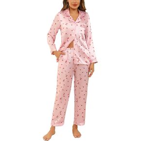 Anjue Silk Satin Pajamas Set Women's Long Sleeve Sleepwear Soft Pjs Set Two Piece Button Down Pj Set with Pockets S-XXL