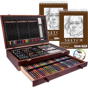 U.S. Art Supply 162-Piece Deluxe Mega Wood Box Art Painting and Drawing Set - Artist Painting Pad, 2 Sketch Pads, 24 Watercolor Paint Colors, 24 Oil Pastels, 24 Colored Pencils, 60 Crayons, 2 Brushes