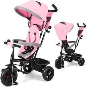 INFANS Kids Tricycle, 4 in 1 Stroll Trike with Adjustable Push Handle, Removable Canopy, Retractable Foot Plate, Lockable Pedal, Detachable Guardrail, Suitable for 10 Months to 5 Years (Blue)