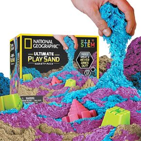 NATIONAL GEOGRAPHIC 6 Lb. Play Sand for Kids Combo Pack - 2 Lbs. Each of Blue, Purple and Natural Sand with Castle Molds - A Fun No Mess Sensory Activity, Kids Sand, Fake Sand, Sand Play Set