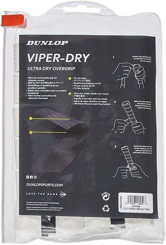 Dunlop Sports Viper-Dry Tennis/Squash/Badminton/Padel OVERGRIP (3-Pack, 12-Pack, 30-Pack Roll) (Black & White Colors) (Ultra Dry and Durable Grip for Ultimate Control) in Kuwait