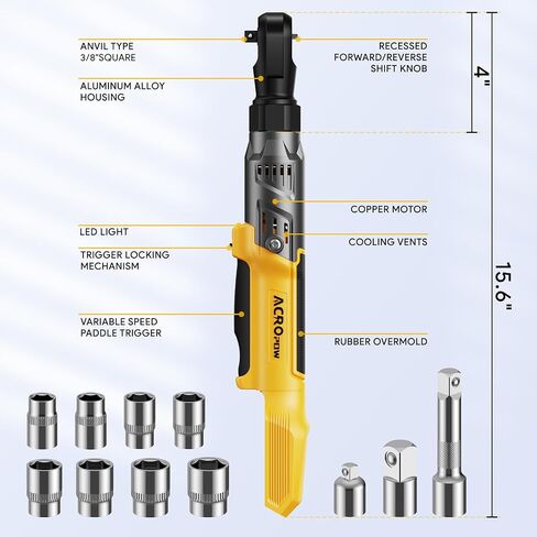 3/8" Cordless Ratchet Wrench, Compatible with DEWALT 20V MAX Battery, 74Ft-Lbs Brushless Motor Electric Ratchet with Variable Speed, 1/2" & 1/4" Adapters, 3" Extension Bar (Tool Only) in Saudi Arabia