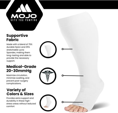 Mojo Compression Socks - Opaque Knee-Hi Open Toe Support Stockings 20-30mmHg, Relieves Discomfort from Post-Thrombotic Syndrome, Lymphatic and Venous Issues - 1 Pair in Kuwait