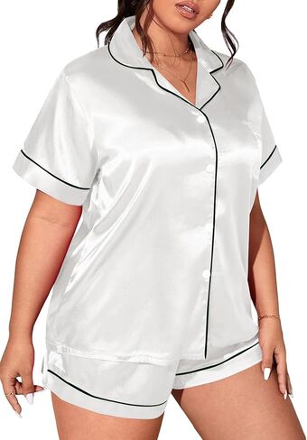 MakeMeChic Women's Plus Size Satin Button Down Pajama Set Silk Short Sleeve Sleepwear in Saudi Arabia