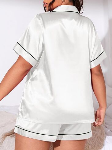 MakeMeChic Women's Plus Size Satin Button Down Pajama Set Silk Short Sleeve Sleepwear in Saudi Arabia