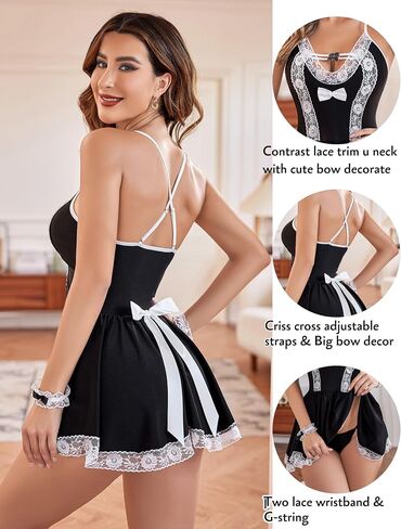 Avidlove Maid Costume Cosplay Lingerie Set Mesh Chemise Babydoll Lace Roleplay Outfit 4 Piece Strap Nightwear in Saudi Arabia
