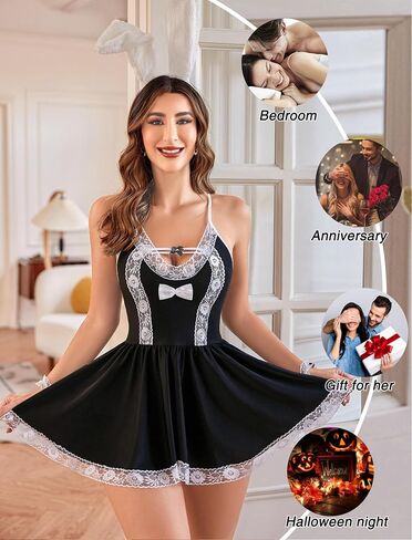 Avidlove Maid Costume Cosplay Lingerie Set Mesh Chemise Babydoll Lace Roleplay Outfit 4 Piece Strap Nightwear in Saudi Arabia