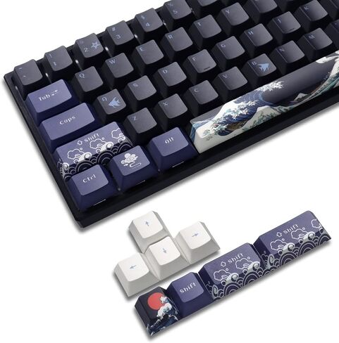 XVX PBT Keycaps 60 بالمائة، موجة رائعة من أغطية المفاتيح اليابانية Kanagawa، مجموعة أغطية مفاتيح مخصصة DYE-Sub، أغطية مفاتيح ذات شكل الكرز لـ 61/64/66/68 لوحة المفاتيح الميكانيكية Cherry Gateron MX Switches، مجموعة 78 مفتاحًا in Kuwait