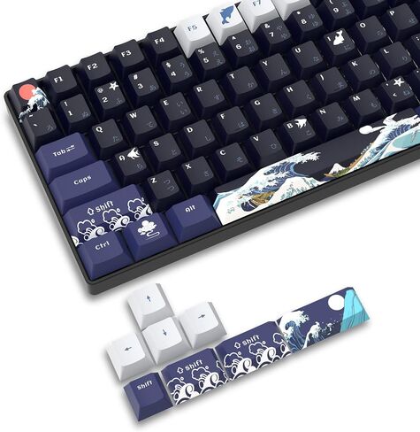 XVX PBT Keycaps 60 بالمائة، موجة رائعة من أغطية المفاتيح اليابانية Kanagawa، مجموعة أغطية مفاتيح مخصصة DYE-Sub، أغطية مفاتيح ذات شكل الكرز لـ 61/64/66/68 لوحة المفاتيح الميكانيكية Cherry Gateron MX Switches، مجموعة 78 مفتاحًا in Kuwait