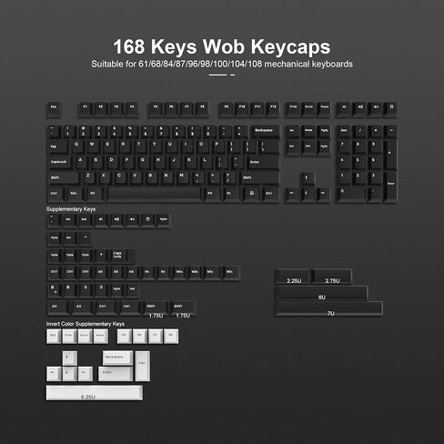 XVX WOB Keycaps 168 مفتاحًا، مجموعة أغطية مفاتيح مخصصة PBT مزدوجة اللقطات، نمط بسيط باللون الأبيض على أغطية مفاتيح سوداء، أغطية مفاتيح للوحة المفاتيح ذات شكل الكرز للوحة المفاتيح الميكانيكية Cherry Gateron MX in Kuwait
