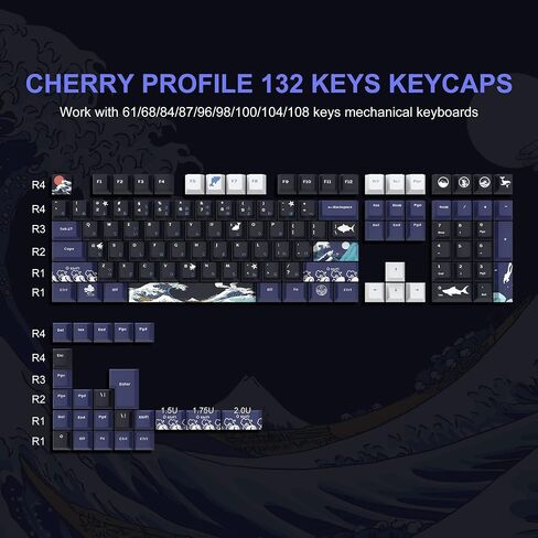 XVX PBT Keycaps 60 بالمائة، موجة رائعة من أغطية المفاتيح اليابانية Kanagawa، مجموعة أغطية مفاتيح مخصصة DYE-Sub، أغطية مفاتيح ذات شكل الكرز لـ 61/64/66/68 لوحة المفاتيح الميكانيكية Cherry Gateron MX Switches، مجموعة 78 مفتاحًا in Kuwait