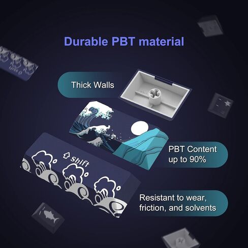 XVX PBT Keycaps 60 بالمائة، موجة رائعة من أغطية المفاتيح اليابانية Kanagawa، مجموعة أغطية مفاتيح مخصصة DYE-Sub، أغطية مفاتيح ذات شكل الكرز لـ 61/64/66/68 لوحة المفاتيح الميكانيكية Cherry Gateron MX Switches، مجموعة 78 مفتاحًا in Kuwait