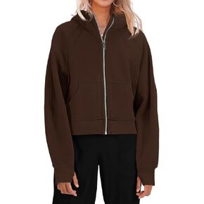 Fisoew Womens Zip Up Sweatshirts Fleece Lined Collar Crop Hoodie Casual Cotton Long Sleeve Tops with Thumb Hole