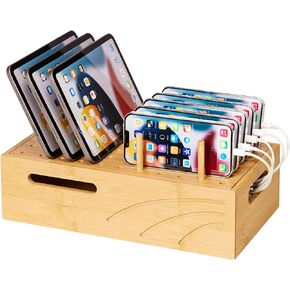 Bamboo Charging Station for Multiple Devices, Charger Station Organizer Desk Docking Station Rack for Phones, Tablets, Laptop, Perfect to Work from Home (Natural and Black, L)