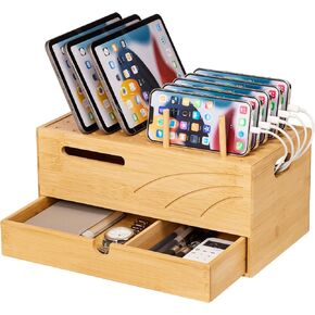 Bamboo Charging Station for Multiple Devices, Charger Station Organizer Desk Docking Station Rack for Phones, Tablets, Laptop, Perfect to Work from Home (Natural and Black, L) in Kuwait