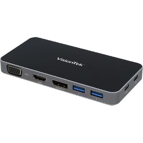 محور الشاشة المزدوج VisionTek VT200 المحمول USB-C - 1x DP، 1x HDMI، 1x VGA، 2X منافذ USB-A، 1x USB-C لنظام التشغيل Windows/MacOS/ChromeOS/iOS