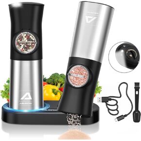 ABLEGRID Electric Salt and Pepper Grinder 2 in 1 Battery Powered, Automatic Pepper Mill & Salt Grinder Refillable, One-handed Operation, Adjustable Coarseness, 2-Button Control, Ceramic Grinding Core