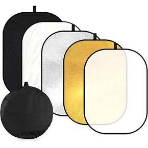 24"x36"/60x90cm Photography Light Reflector, 5-in-1 Collapsible Oval Multi Disc Diffuser with Carrying Bag-Gold, Silver, Black, White, Translucent for Studio Outdoor Lighting (24x36inch)